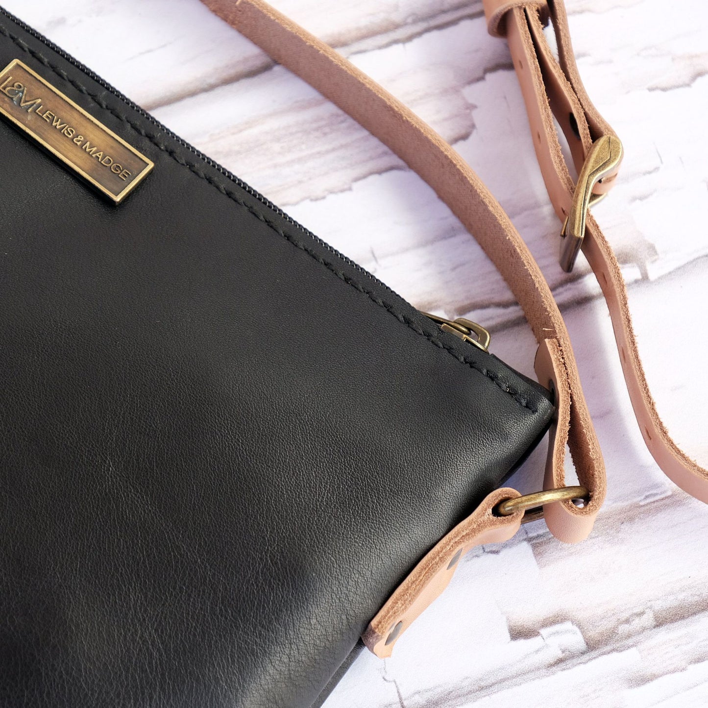 Black Bovine leather casual sling bag hand stitching