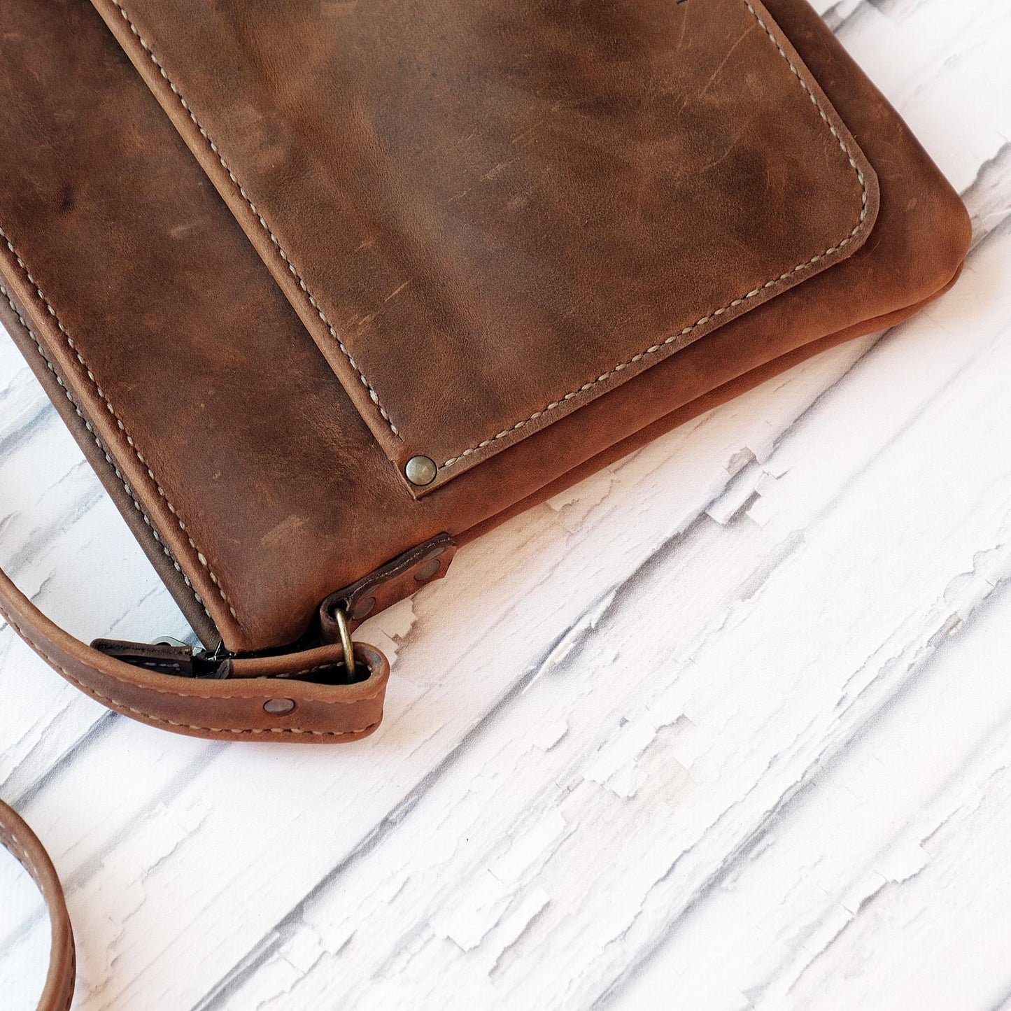 Hand crafted cross over chocolate brown leather satchel