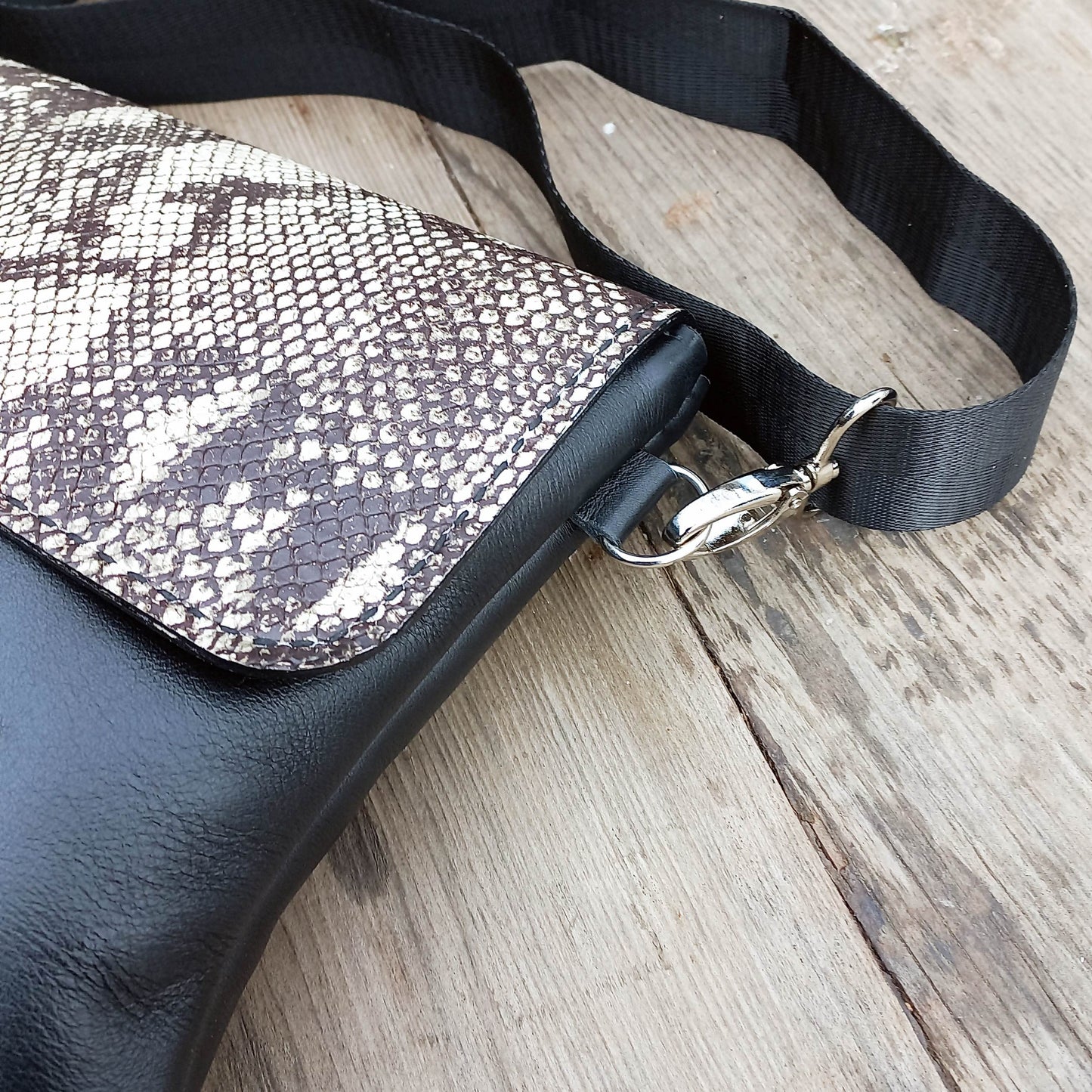 The Classic Sling Bag - Black and Snakeskin print
