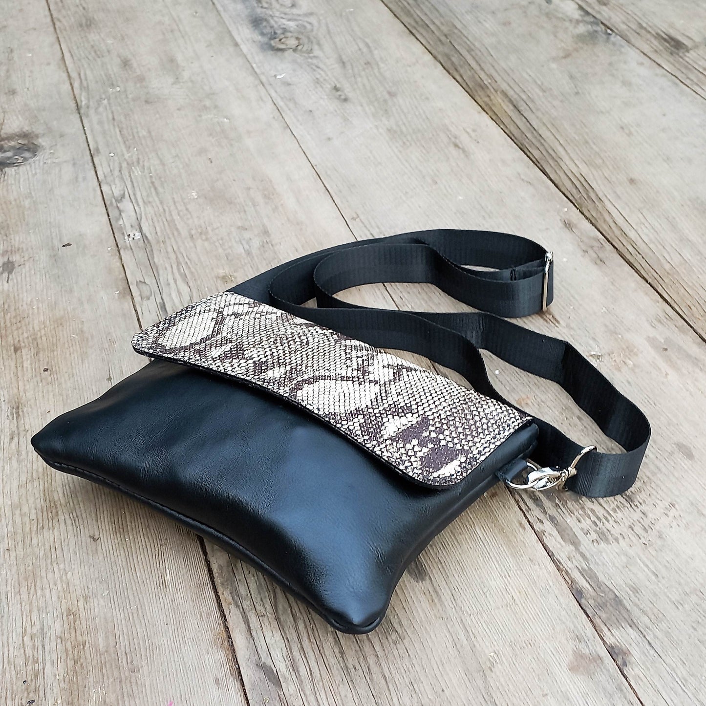 The Classic Sling Bag - Black and Snakeskin print