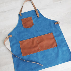Washed canvas and leather aprons blue and tan