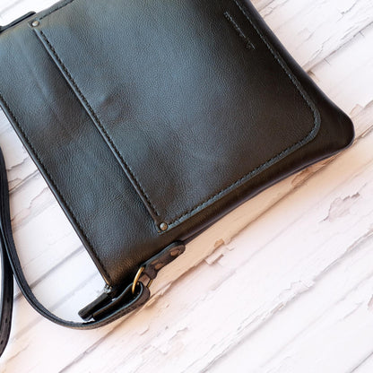 Hand stitched Cross over black leather satchel