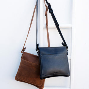 Cross over black and brown leather satchels