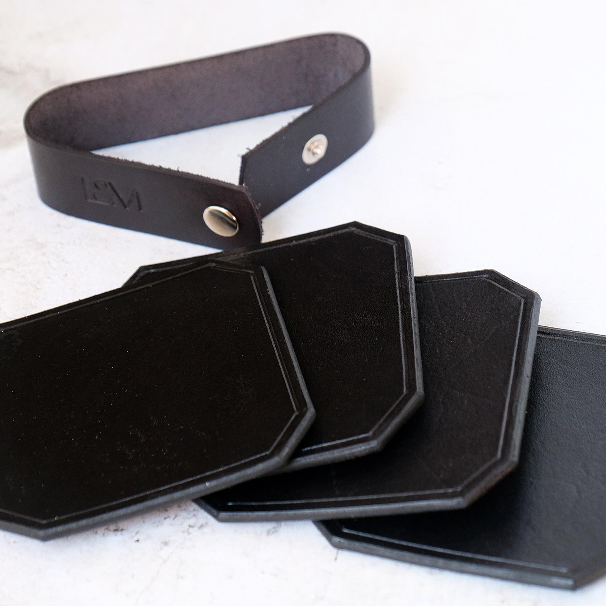 Lewis and Madge Black Leather Coasters